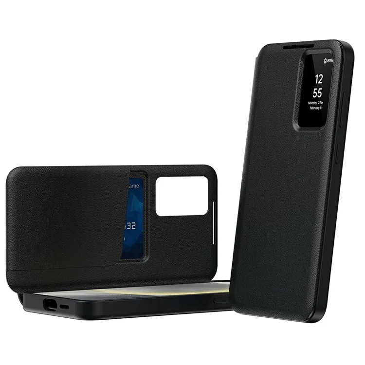 For Samsung Galaxy S25 Edge Case with Card Holder Smart View Window Leather Phone Cover - Black