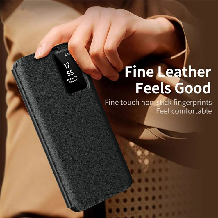 For Samsung Galaxy S25 Edge Case with Card Holder Smart View Window Leather Phone Cover - Black