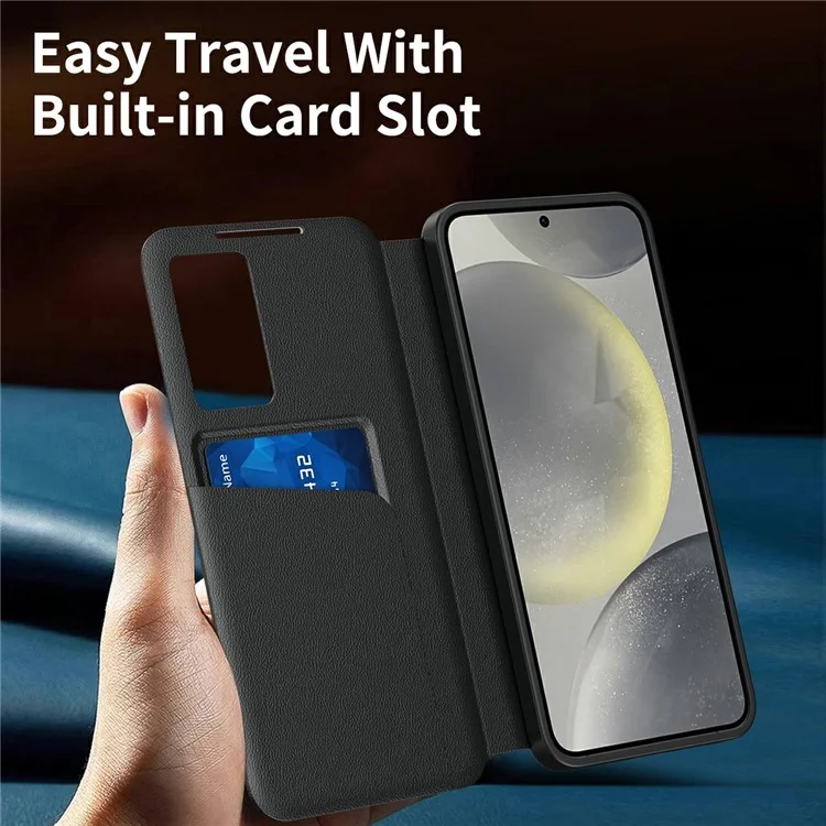 For Samsung Galaxy S25 Edge Case with Card Holder Smart View Window Leather Phone Cover - Black