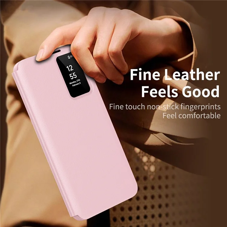 Étui pour Samsung Galaxy S25 Edge avec Porte-Carte et Fenêtre d'Affichage Intelligent en Cuir - Rose