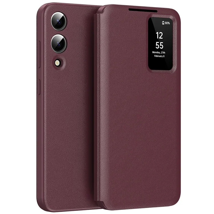 For Samsung Galaxy S25 Edge Case with Card Holder Smart View Window Leather Phone Cover - Wine Red