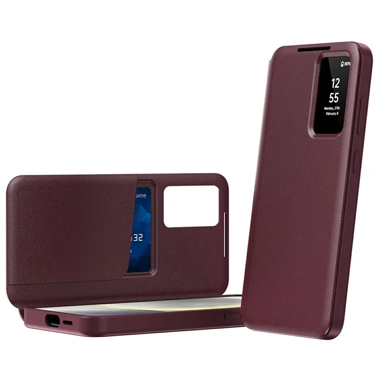 For Samsung Galaxy S25 Edge Case with Card Holder Smart View Window Leather Phone Cover - Wine Red
