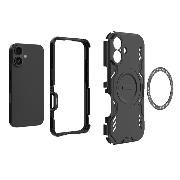For iPhone 16 Plus Magnetic Case Butterfly Armor Hollow Heat Dissipation PC + TPU Phone Cover - Black