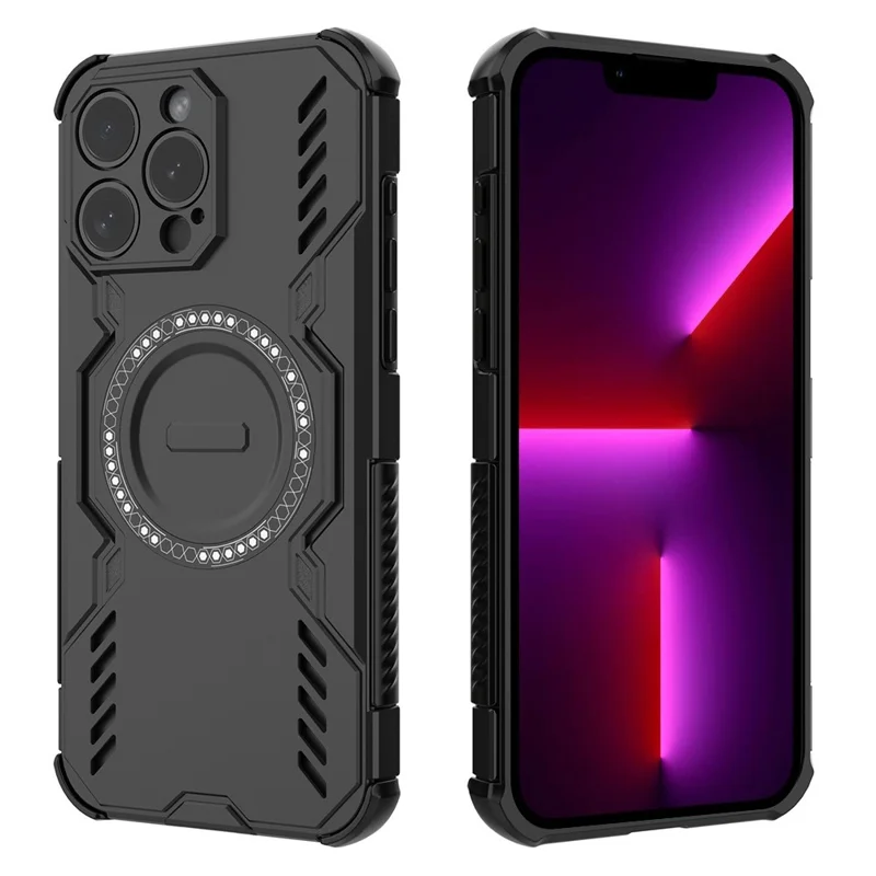 For iPhone 13 Pro Max Magnetic Case Butterfly Armor Hollow Heat Dissipation PC + TPU Phone Cover - Black