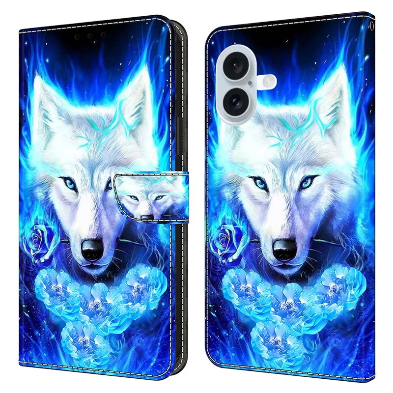 For iPhone 16 Leather Case Pattern Printing Wallet Stand Flip Phone Cover - White Wolf