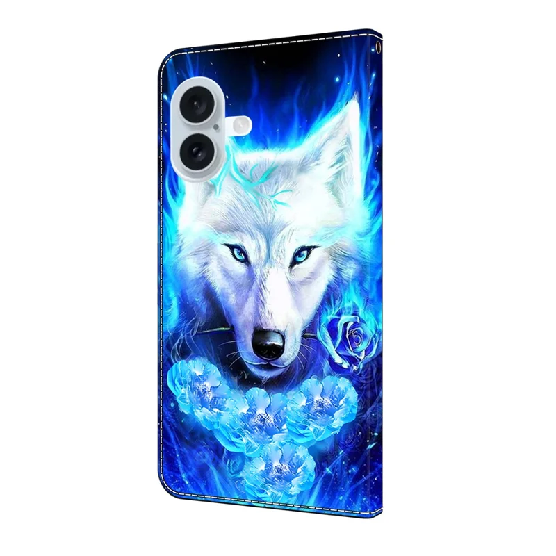For iPhone 16 Leather Case Pattern Printing Wallet Stand Flip Phone Cover - White Wolf