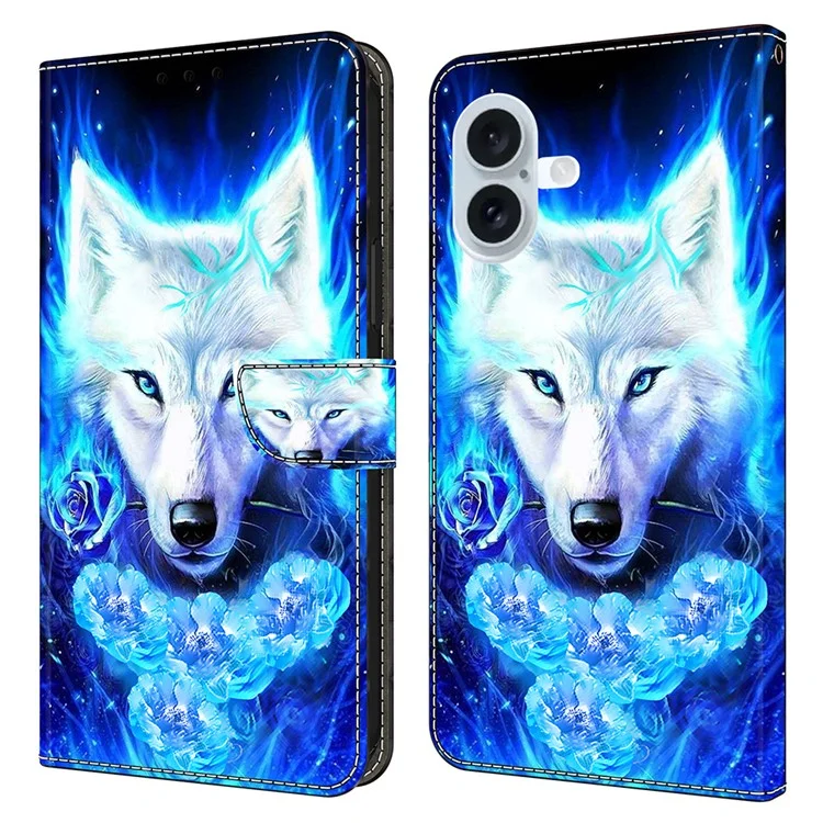 Für iPhone 16 Plus Lederhülle mit Musterprägung, Brieftaschenfunktion und Klappständer - Weißer Wolf