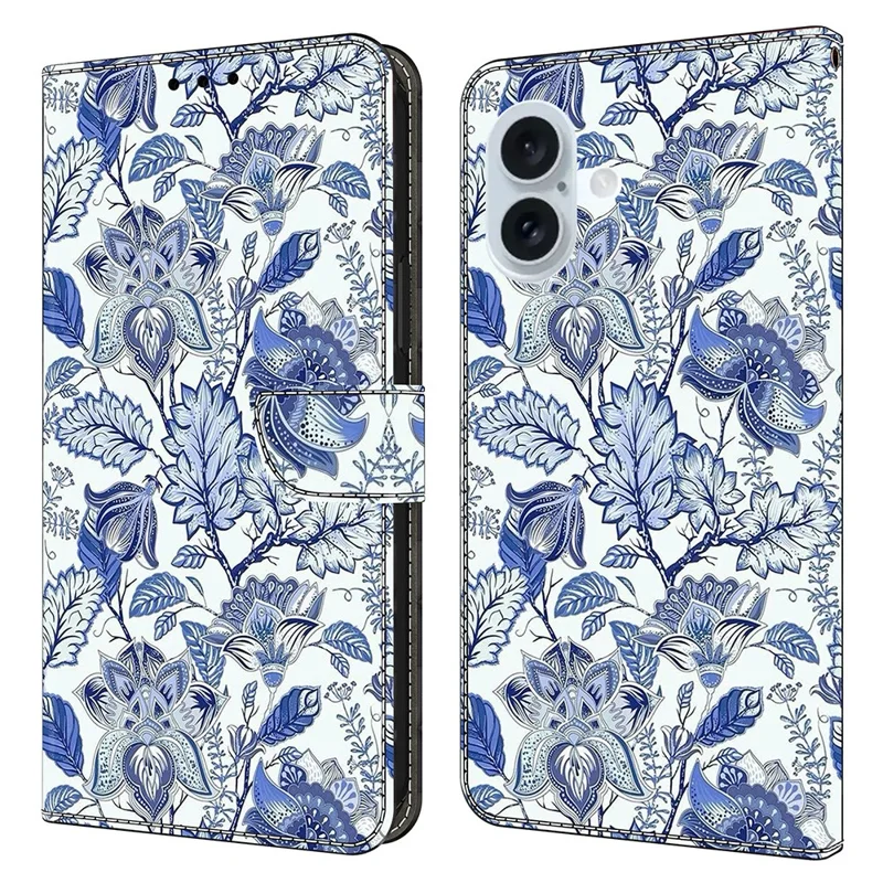 For iPhone 16 Plus Leather Case Pattern Printing Wallet Stand Flip Phone Cover - Blue Flower Bush