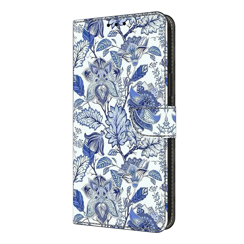For iPhone 16 Plus Leather Case Pattern Printing Wallet Stand Flip Phone Cover - Blue Flower Bush