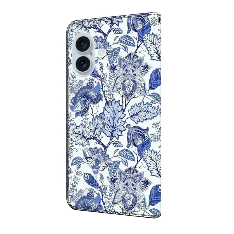 For iPhone 16 Plus Leather Case Pattern Printing Wallet Stand Flip Phone Cover - Blue Flower Bush
