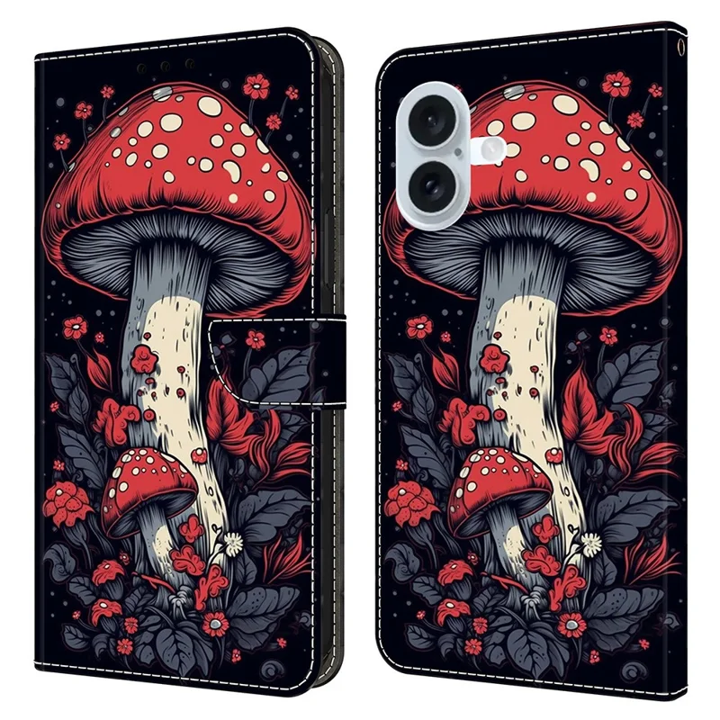 For iPhone 16 Plus Leather Case Pattern Printing Wallet Stand Flip Phone Cover - Red Mushroom