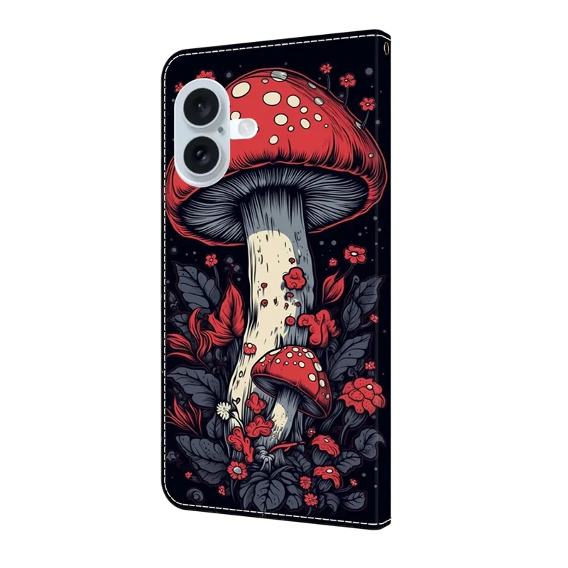 For iPhone 16 Plus Leather Case Pattern Printing Wallet Stand Flip Phone Cover - Red Mushroom