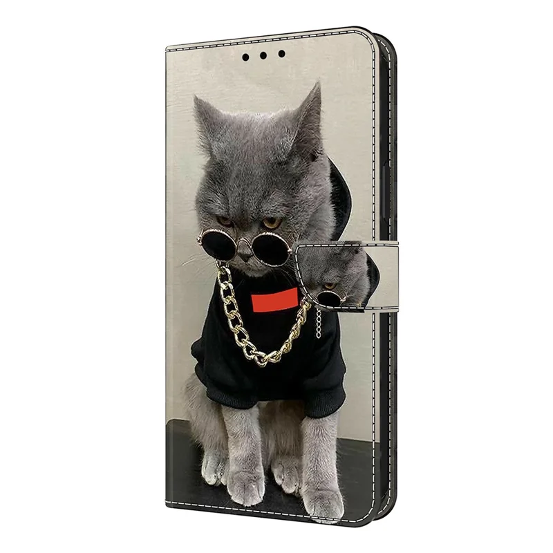 Per Xiaomi Redmi Note 14 Pro 5G Custodia in pelle Stampa a motivi Portafoglio Stand Flip Cover per telefono - Gatto con occhiali e collana
