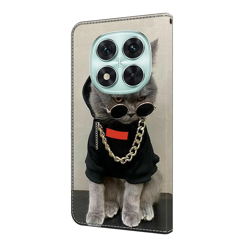 Per Xiaomi Redmi Note 14 Pro 5G Custodia in pelle Stampa a motivi Portafoglio Stand Flip Cover per telefono - Gatto con occhiali e collana