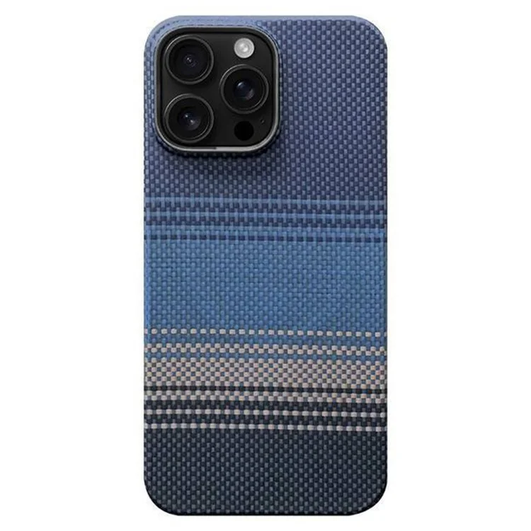 For iPhone 15 Pro Max Case Gradient Aramid Fiber Magnetic Phone Cover with Metal Lens Frame - Blue Floating Weave