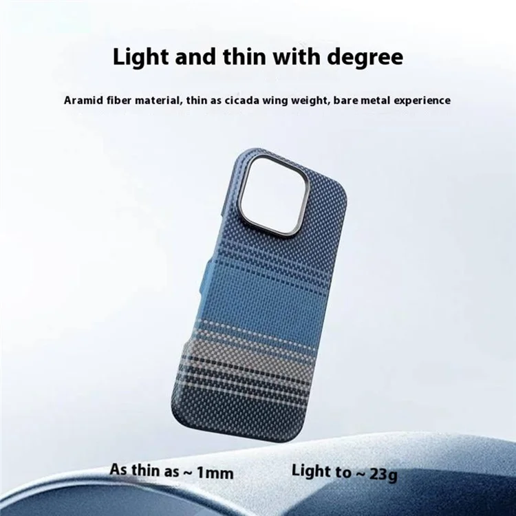 For iPhone 15 Pro Max Case Gradient Aramid Fiber Magnetic Phone Cover with Metal Lens Frame - Blue Floating Weave