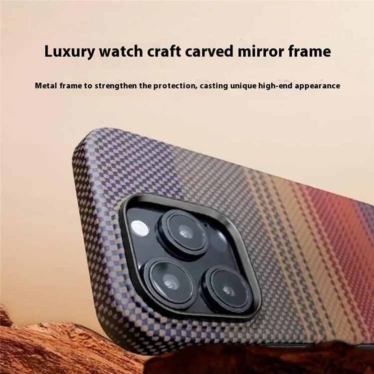 For iPhone 15 Pro Max Case Gradient Aramid Fiber Magnetic Phone Cover with Metal Lens Frame - Blue Floating Weave