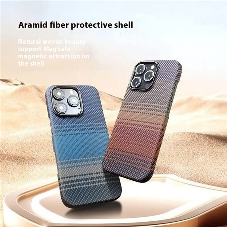 For iPhone 15 Pro Max Case Gradient Aramid Fiber Magnetic Phone Cover with Metal Lens Frame - Blue Floating Weave