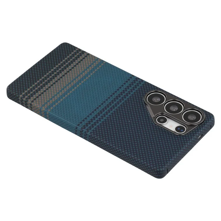 For Samsung Galaxy S24 Ultra Magnetic Case Precise Cutouts Gradient Aramid Fiber Phone Cover with Metal Lens Frame - Blue Floating Weave