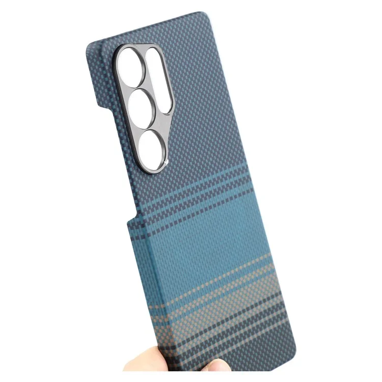 For Samsung Galaxy S24 Ultra Magnetic Case Precise Cutouts Gradient Aramid Fiber Phone Cover with Metal Lens Frame - Blue Floating Weave