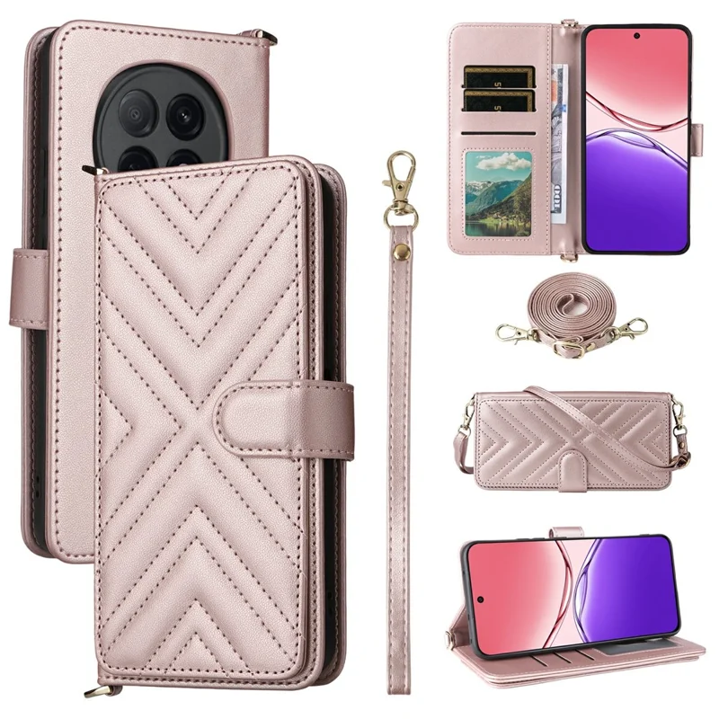 For Oppo F29 Pro 5G (Global) / A5 Pro 5G (China) Wallet Case with Shoulder / Wrist Strap Leather Phone Cover Stand - Pink
