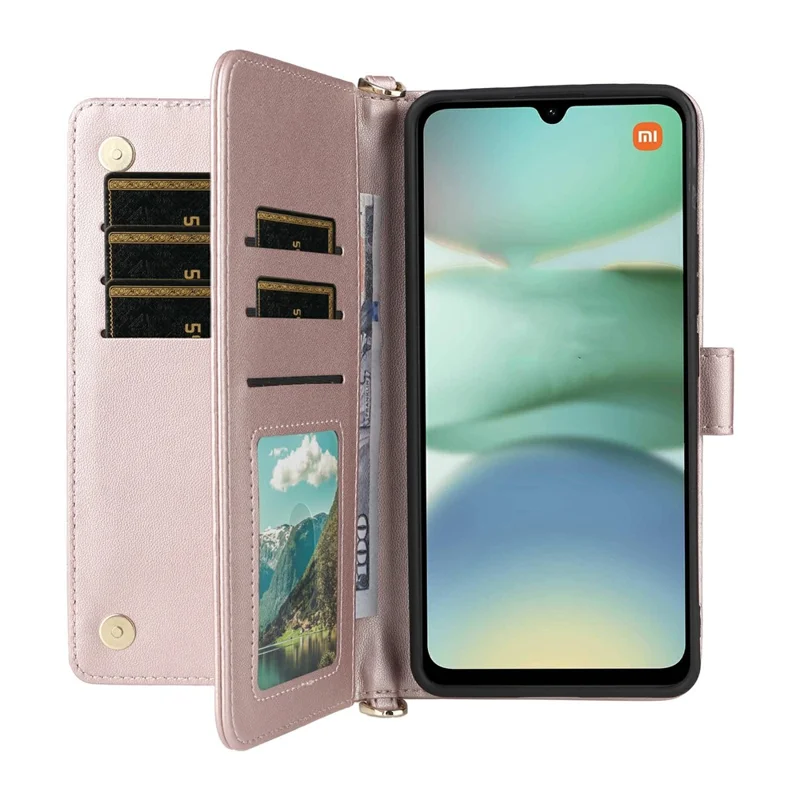 Funda tipo cartera para Xiaomi Redmi A5 NFC (173,45 mm) con correa para hombro / muñeca, cubierta de cuero con soporte para teléfono - Rosa