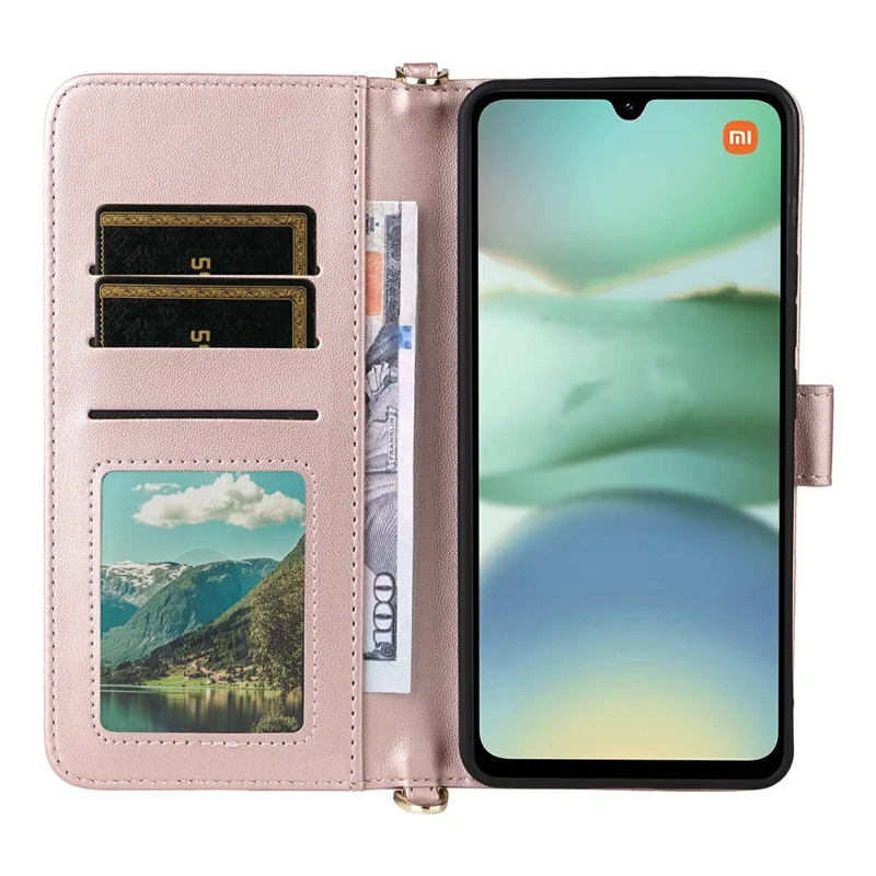 Funda tipo cartera para Xiaomi Redmi A5 NFC (173,45 mm) con correa para hombro / muñeca, cubierta de cuero con soporte para teléfono - Rosa