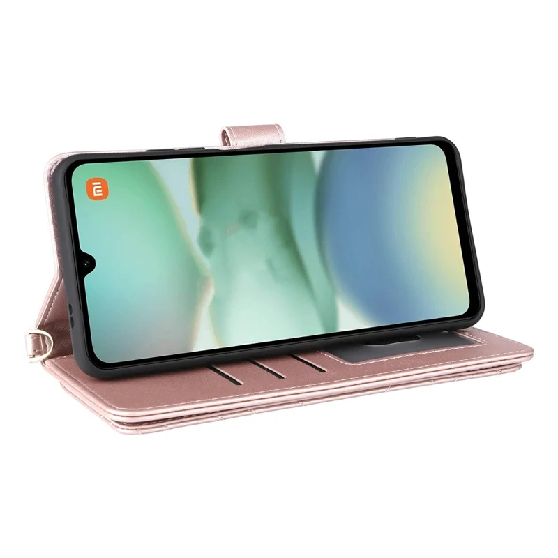 Funda tipo cartera para Xiaomi Redmi A5 NFC (173,45 mm) con correa para hombro / muñeca, cubierta de cuero con soporte para teléfono - Rosa