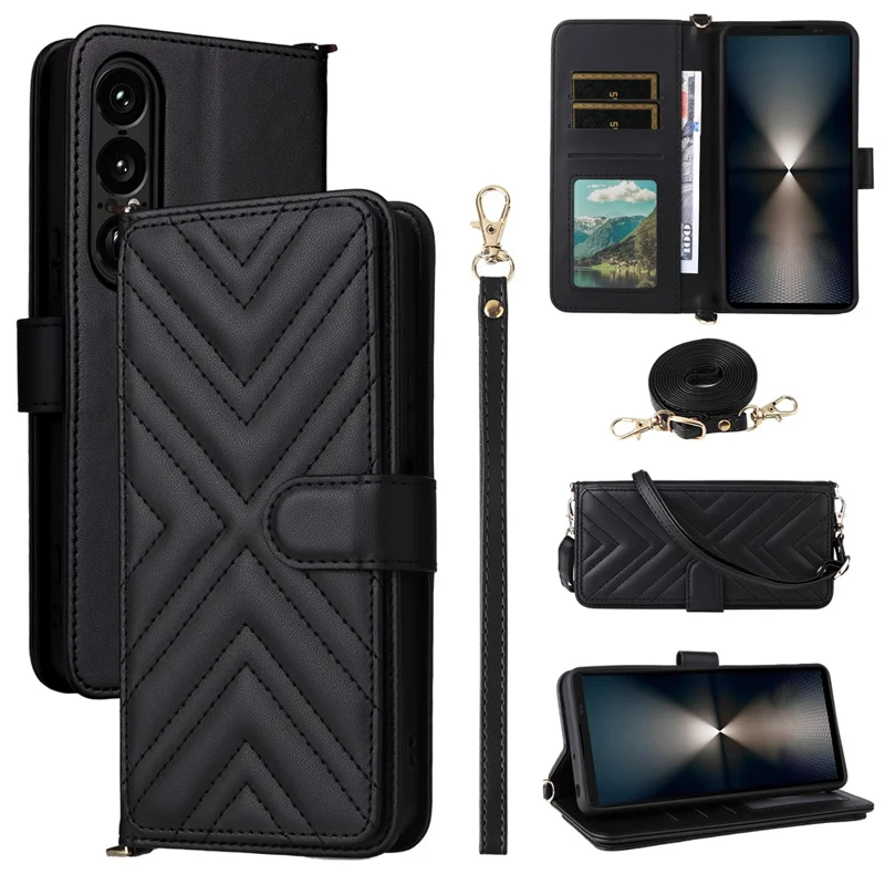 For Sony Xperia 1 VII Wallet Case with Shoulder  /  Wrist Strap Leather Phone Cover Stand - Black