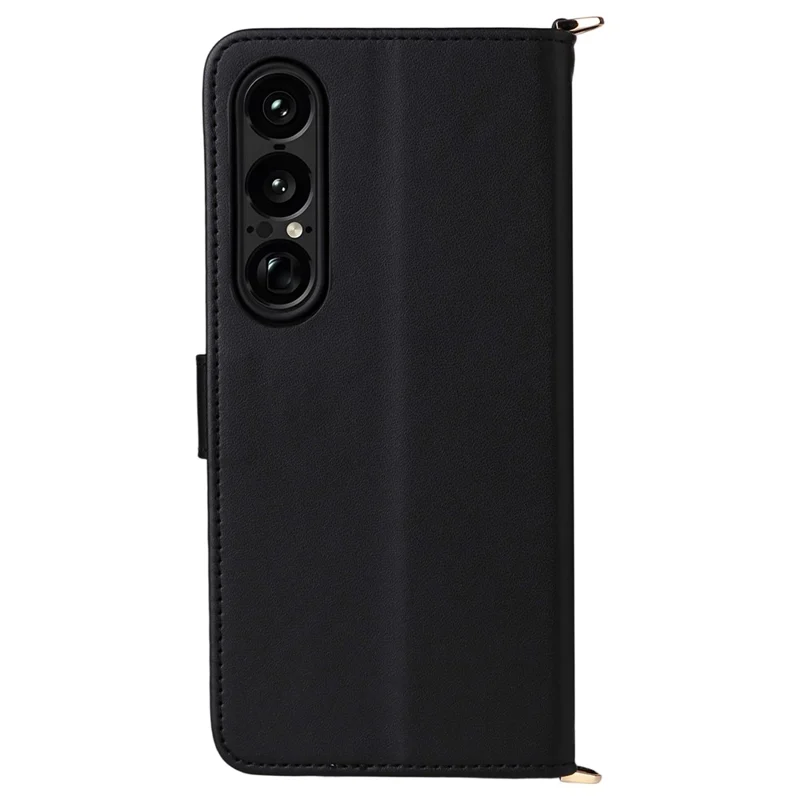 For Sony Xperia 1 VII Wallet Case with Shoulder  /  Wrist Strap Leather Phone Cover Stand - Black