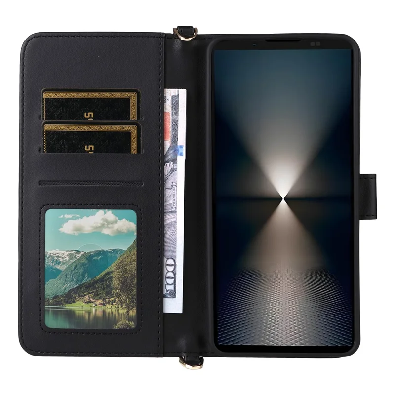 For Sony Xperia 1 VII Wallet Case with Shoulder  /  Wrist Strap Leather Phone Cover Stand - Black