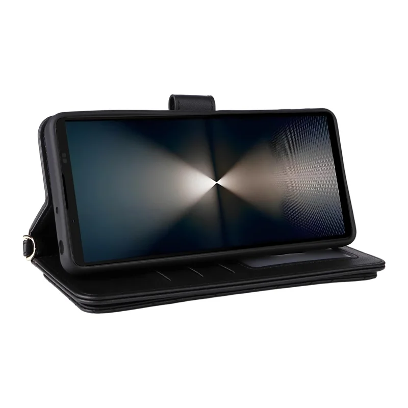 For Sony Xperia 1 VII Wallet Case with Shoulder  /  Wrist Strap Leather Phone Cover Stand - Black