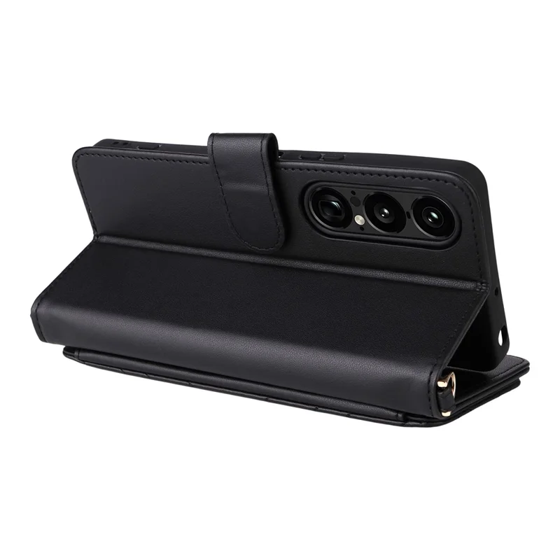 For Sony Xperia 1 VII Wallet Case with Shoulder  /  Wrist Strap Leather Phone Cover Stand - Black