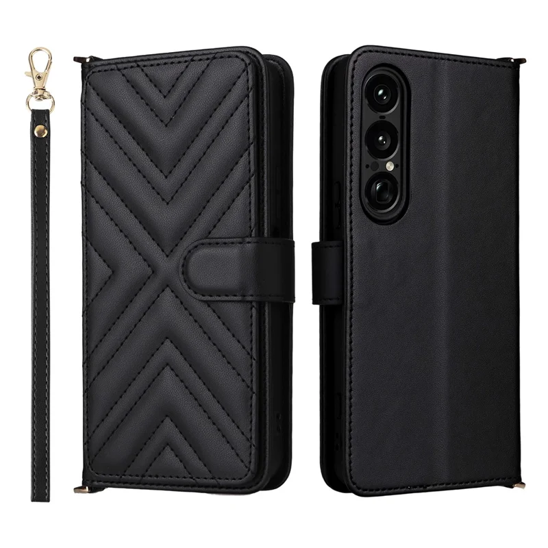 For Sony Xperia 1 VII Wallet Case with Shoulder  /  Wrist Strap Leather Phone Cover Stand - Black