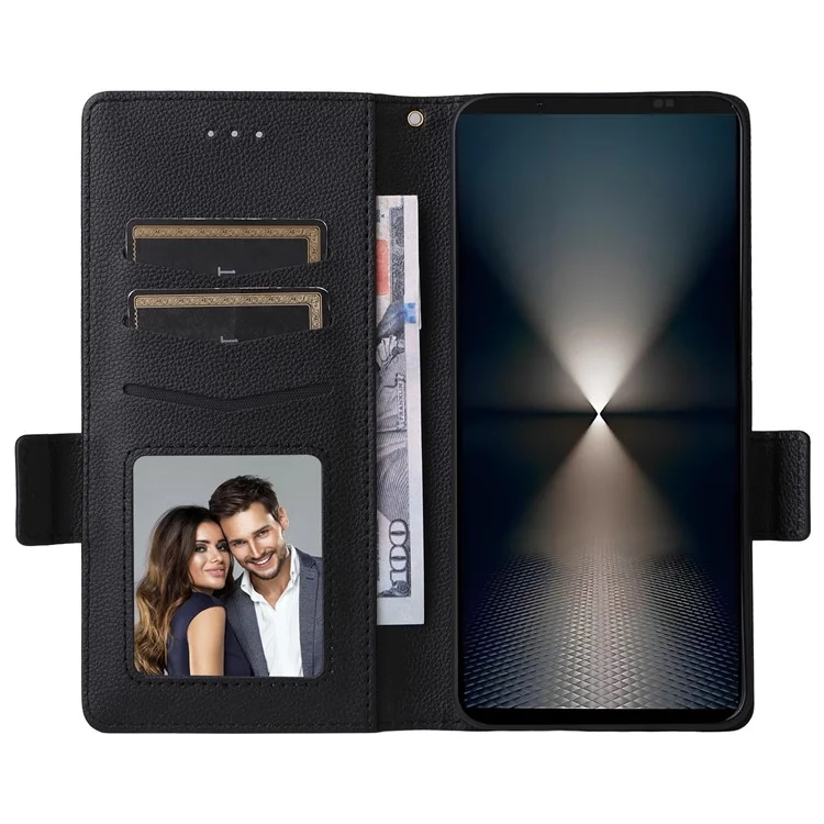 Für Sony Xperia 1 VII Hülle mit Handschlaufe Litschi-Textur PU-Leder Brieftasche Handyhülle - Schwarz