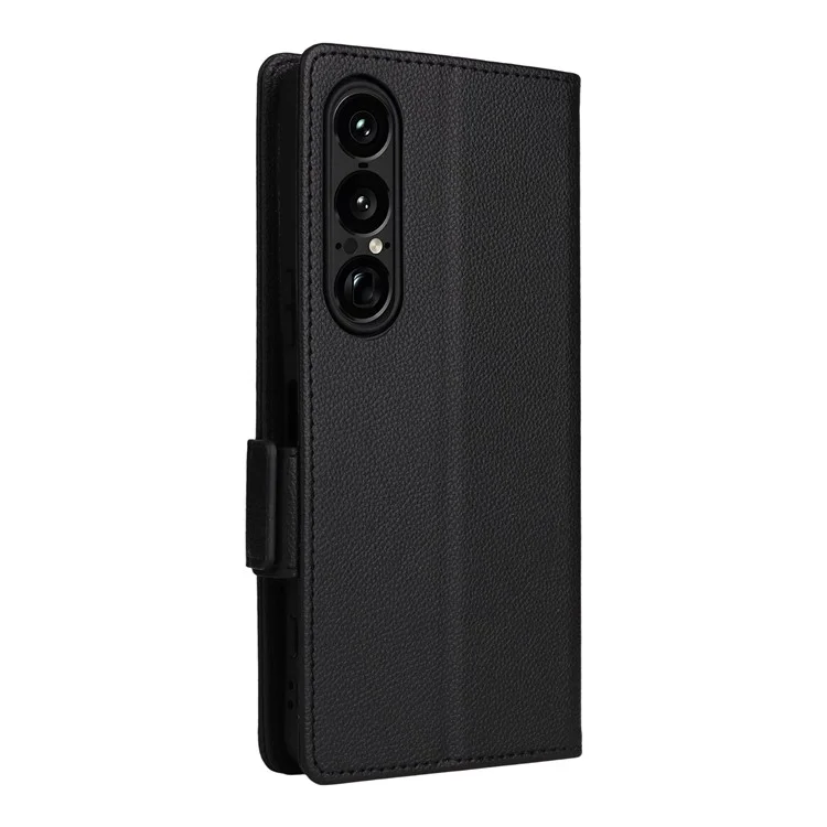Für Sony Xperia 1 VII Hülle mit Handschlaufe Litschi-Textur PU-Leder Brieftasche Handyhülle - Schwarz