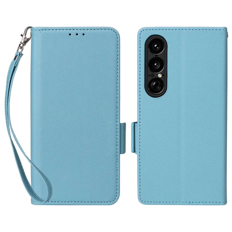 For Sony Xperia 1 VII Case with Wrist Strap Litchi Texture PU Leather Wallet Phone Cover - Baby Blue