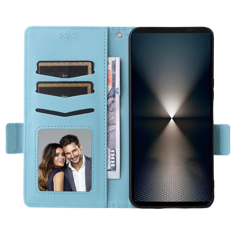 For Sony Xperia 1 VII Case with Wrist Strap Litchi Texture PU Leather Wallet Phone Cover - Baby Blue