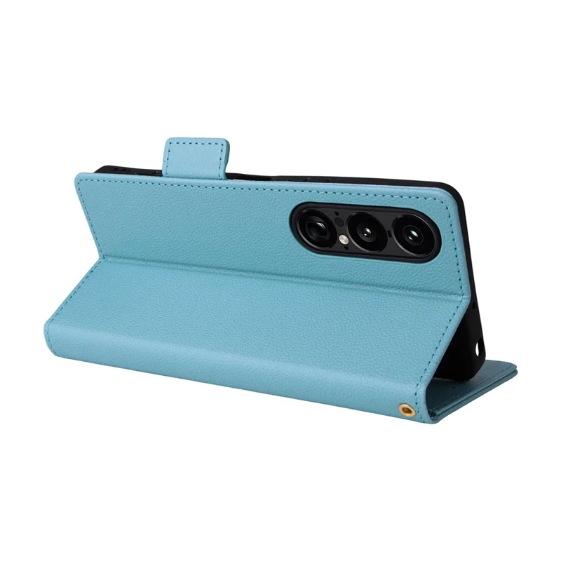For Sony Xperia 1 VII Case with Wrist Strap Litchi Texture PU Leather Wallet Phone Cover - Baby Blue