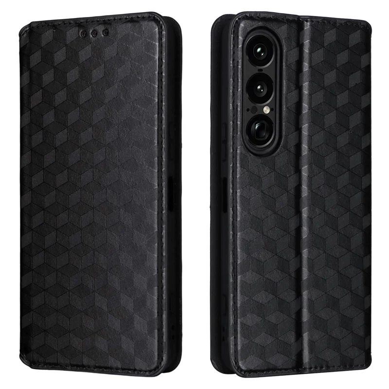 For Sony Xperia 1 VII Case Wallet Rhombus Imprinted Leather Phone Cover - Black