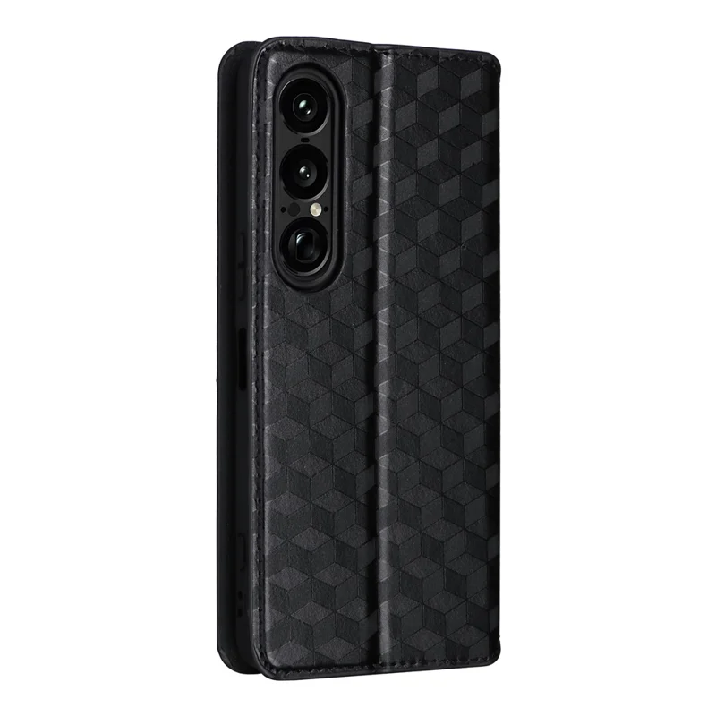 For Sony Xperia 1 VII Case Wallet Rhombus Imprinted Leather Phone Cover - Black