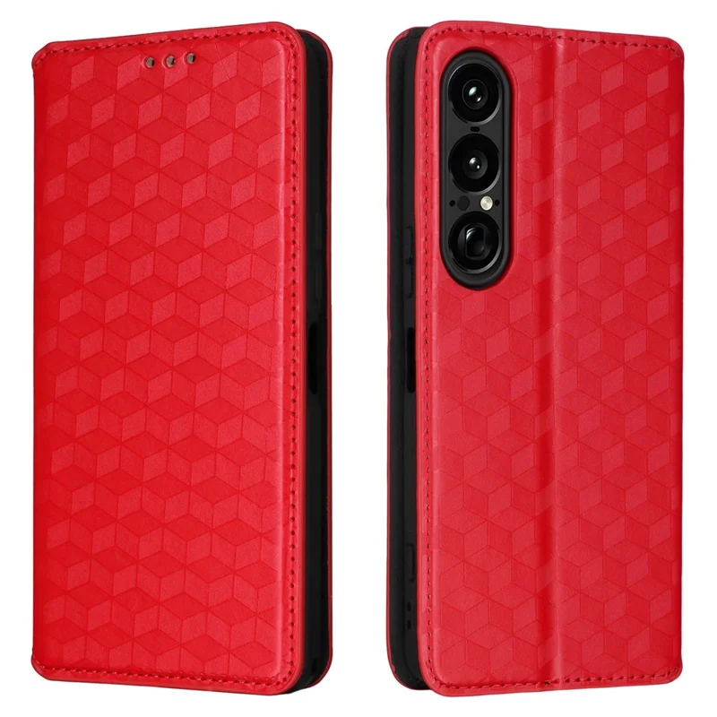 For Sony Xperia 1 VII Case Wallet Rhombus Imprinted Leather Phone Cover - Red