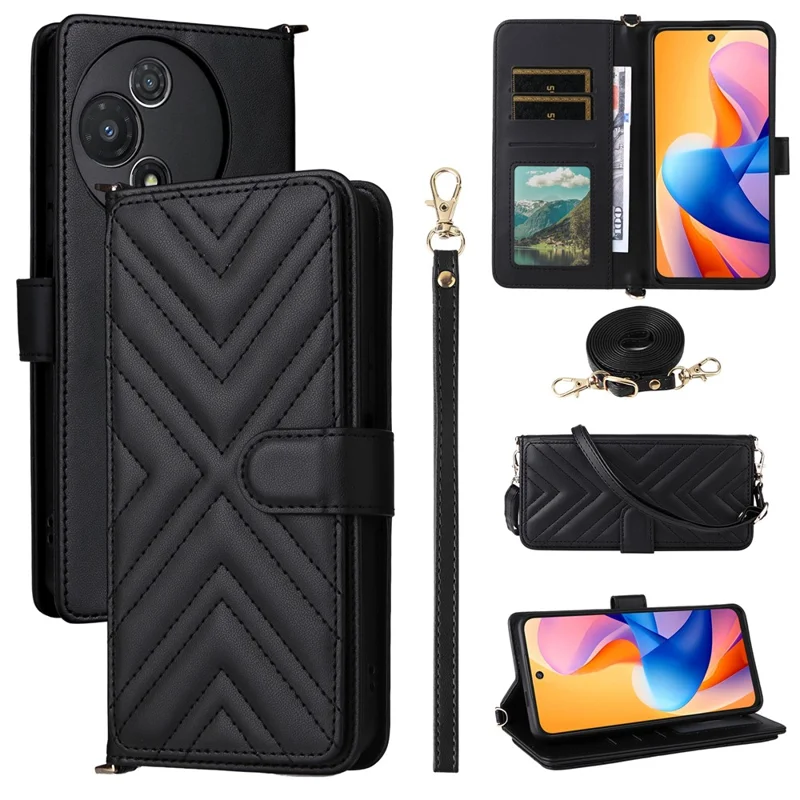 For TCL 60R 5G  /  60 5G Wallet Case with Shoulder  /  Wrist Strap Leather Phone Cover Stand - Black
