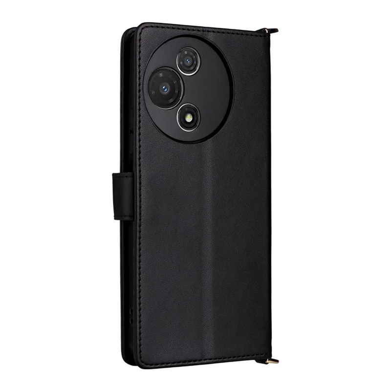 For TCL 60R 5G  /  60 5G Wallet Case with Shoulder  /  Wrist Strap Leather Phone Cover Stand - Black
