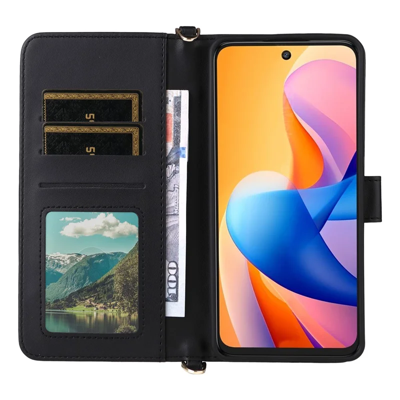 For TCL 60R 5G  /  60 5G Wallet Case with Shoulder  /  Wrist Strap Leather Phone Cover Stand - Black