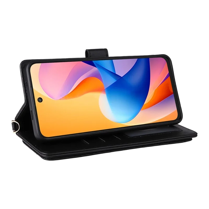 For TCL 60R 5G  /  60 5G Wallet Case with Shoulder  /  Wrist Strap Leather Phone Cover Stand - Black