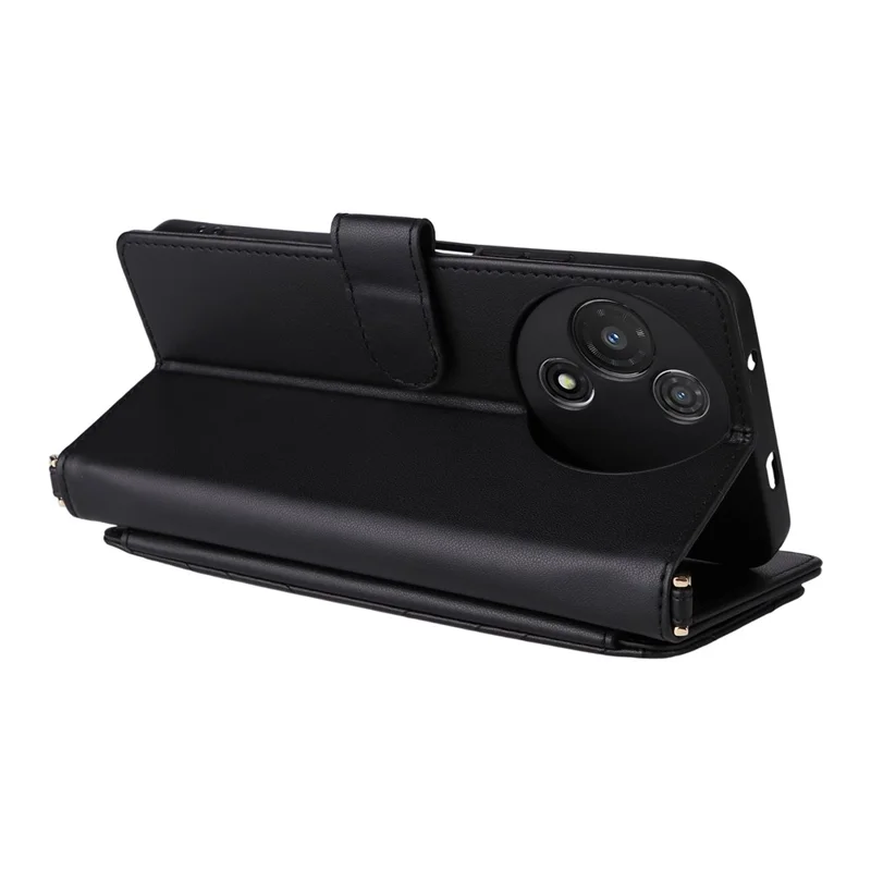 For TCL 60R 5G  /  60 5G Wallet Case with Shoulder  /  Wrist Strap Leather Phone Cover Stand - Black