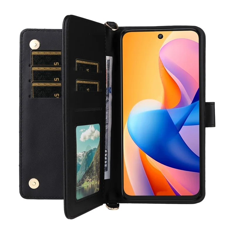 For TCL 60R 5G  /  60 5G Wallet Case with Shoulder  /  Wrist Strap Leather Phone Cover Stand - Black