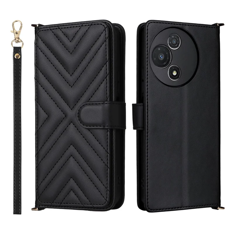 For TCL 60R 5G  /  60 5G Wallet Case with Shoulder  /  Wrist Strap Leather Phone Cover Stand - Black