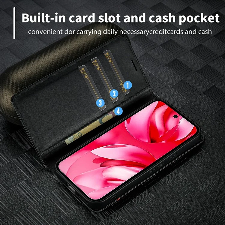 LC.IMEEKE Per Google Pixel 9a Cover con Texture in Fibra di Carbonio, Supporto e Porta Carte - Striscia Orizzontale